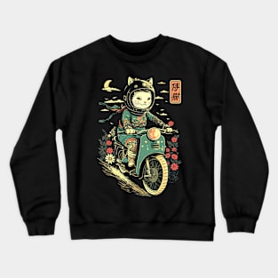 Japanese Samurai Cat on Motorcycle Kawaii Ninja Cat Crewneck Sweatshirt